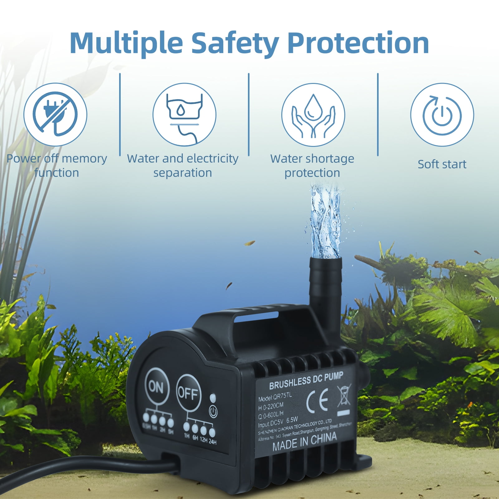 Mini 5V Water Pump with 4 Gear On/Off Timing, Acceleration and Deceleration Function, Max 600L/H Flow 7.2ft Lift, USB Charging Cable and Suction Cup Base