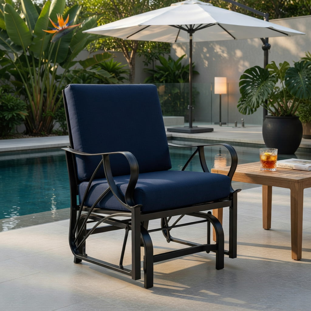 Hommoo Outdoor Glider Rocking Chair with Thick Cushioned Seat, Curved Armrests, Sturdy Metal Frame, Patio, Deck, or Porch Relaxation Chair, Navy