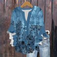 thumbnail image 1 of Ovbmpzd 3/4 Sleeve Ladies Tops Hawaiian V-Neck Buttons Ruffle Floral Blouses Shirts for Teens L, 1 of 5