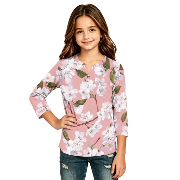 Abcomgle Girls Long Sleeve T Shirts 10-12 Trendy Floral Print Henley Button T-Shirts for Girls Fall Basic Girls Tops Loose Girls Tunic Tops