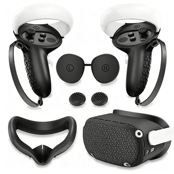 For VR Silicone Accessory Kit Compatible with Meta Quest 2 Face Cushion Cover Controller Grips Lens Protective Cover Outer Shell Cover Thumb Stick Caps Black