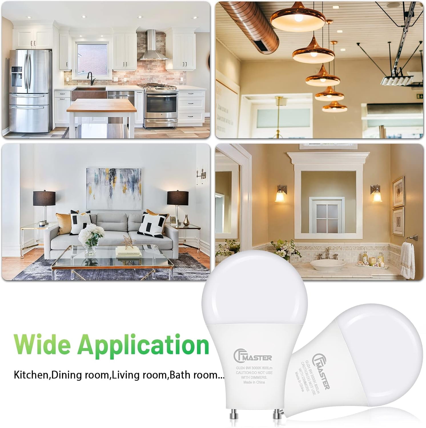 GU24 LED Light Bulb, 100W Equivalent 9W, 3000K Warm White, 800 Lumens, A19 Shape Twist-Lock GU24 Base, Two Prongs, Non-Dimmable, UL ETL Certified (12-Pack)