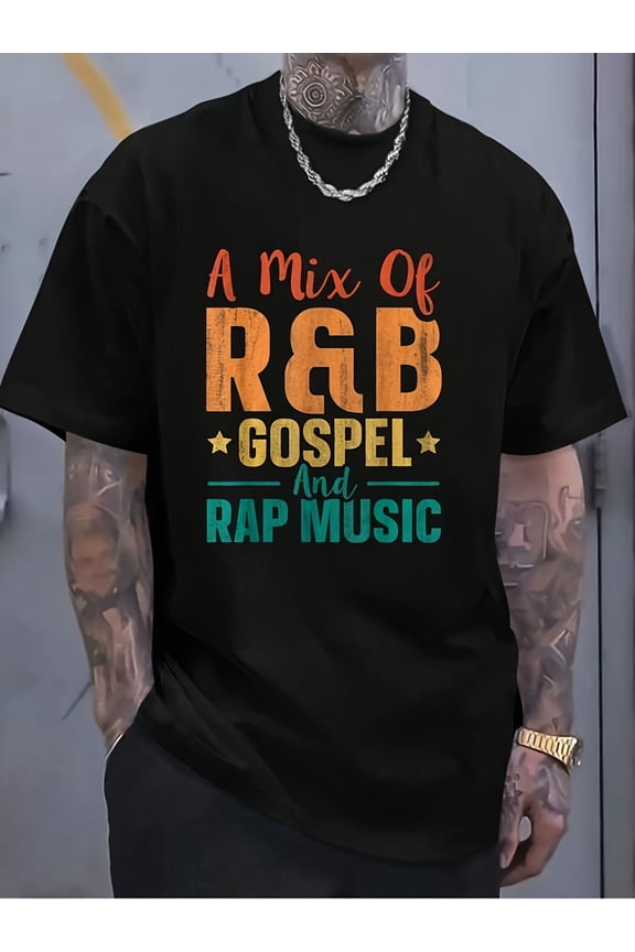 Trendy Men's R&B Gospel Rap Music Mix Graphic T-Shirt  Urban Hip Hop Casual Short Sleeve Tee for Music Lovers