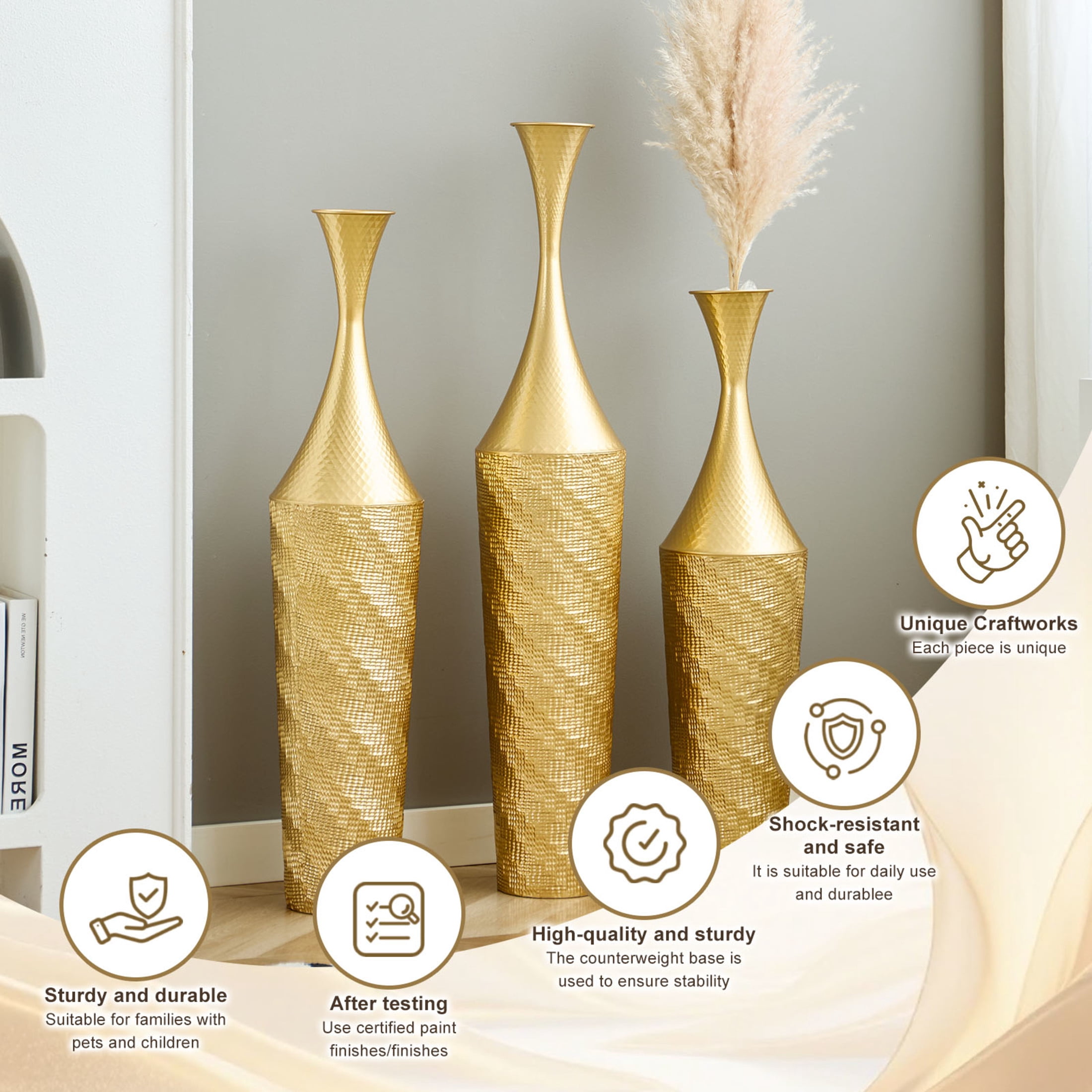 Noble House 27.56", 31.5", 35.43" Metal Floor Vase Set of 3, Textured Handcrafted Vases, Gold
