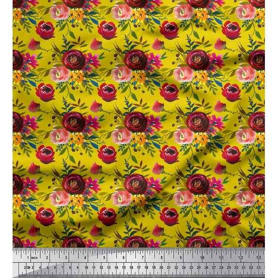 Soimoi Yellow Rayon Fabric Leaves & Ranunculus Floral Print Fabric by the Yard 56 Inch Wide