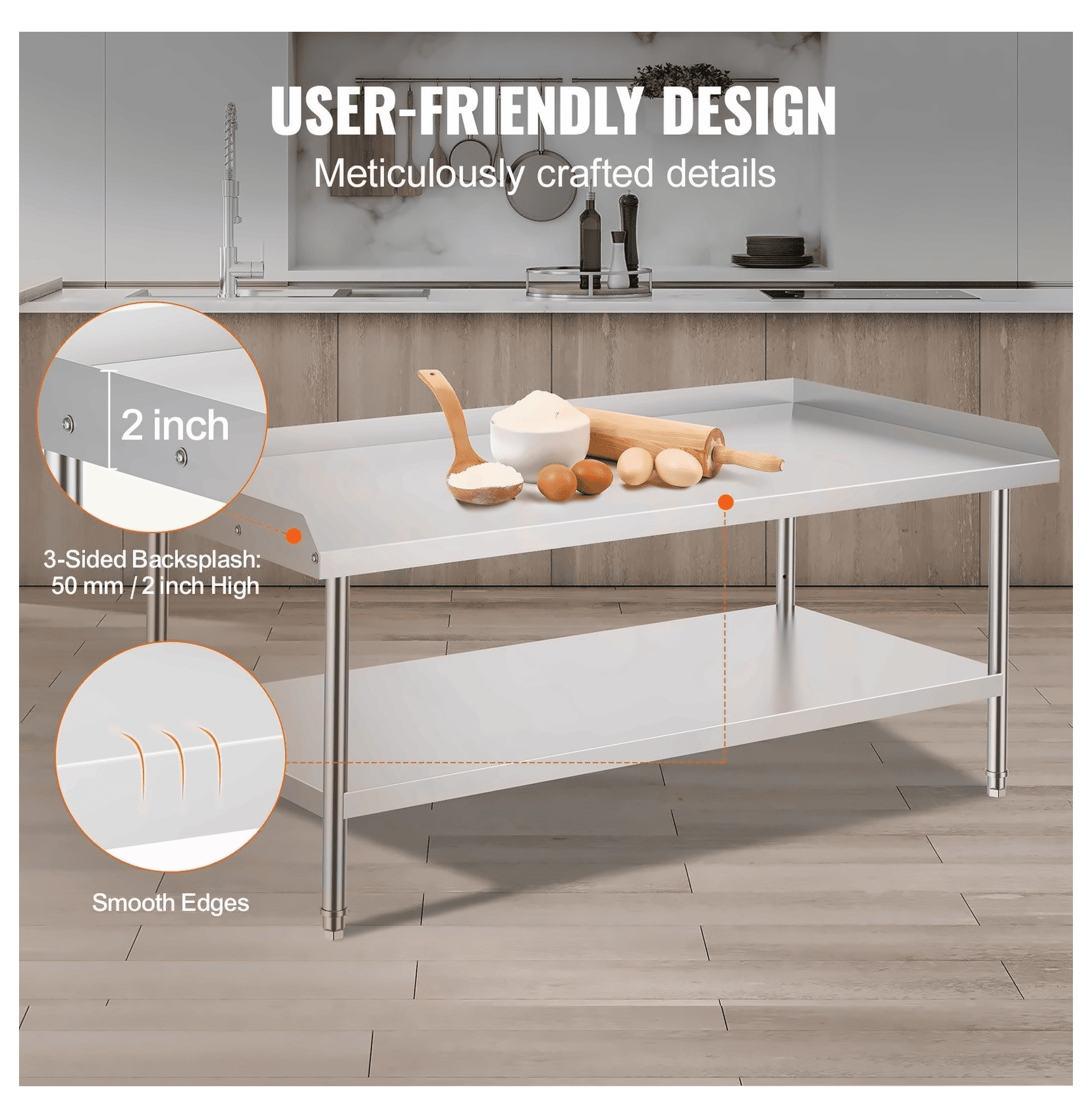 Stainless Steel Work Table 30x60x26 inch, Commercial Food Prep Table, Heavy Duty 3-Sided Backsplash, Adjustable Height Metal Worktable for Restaurant Home Hotel