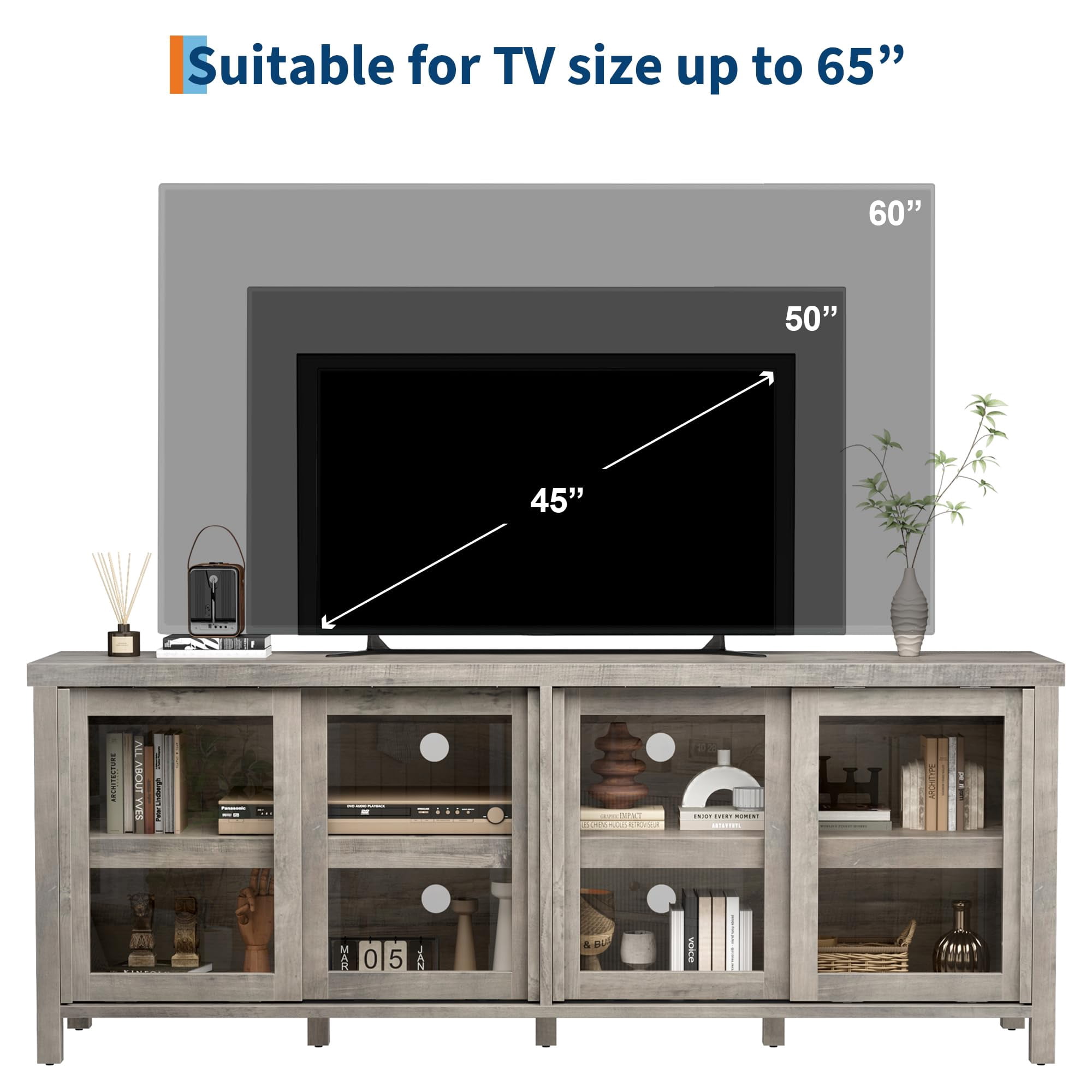 62" Farmhouse TV Stand for TVs up to 75 Inch - Entertainment Center with Glass Sliding Doors & Adjustable Shelves - Large Storage Media Console for Living Room & Bedroom - Black / Gray / Retro