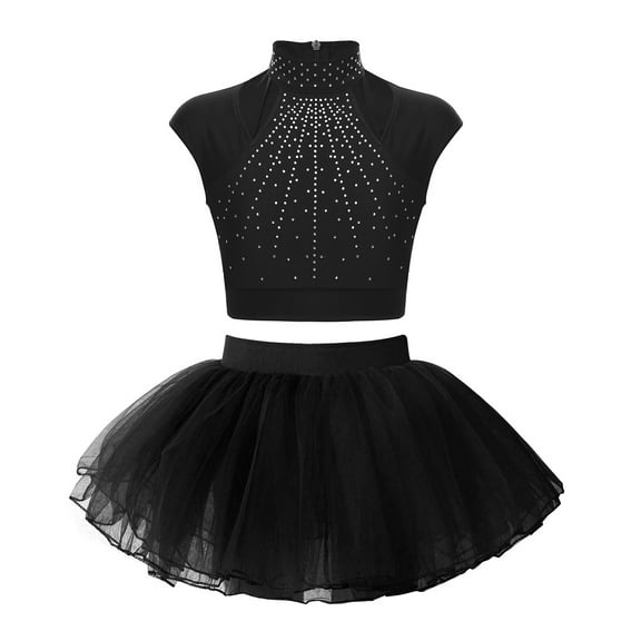 Alvivi Kids Girls Shiny Ballet Dance Outfits Gymnastic Shirt Crop Top and Tutu Skirt Bllerina Costume Black 14