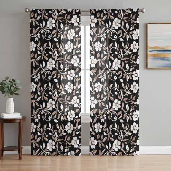 Black White Floral Semi Sheer Curtains 96 Inch Length 2 Panels Set, Farmhouse Vintage Botanical Leaves Sheer Kitchen Curtain Privacy Voile Window Curtain for Living Room Bedroom Rod Pocket Drapes