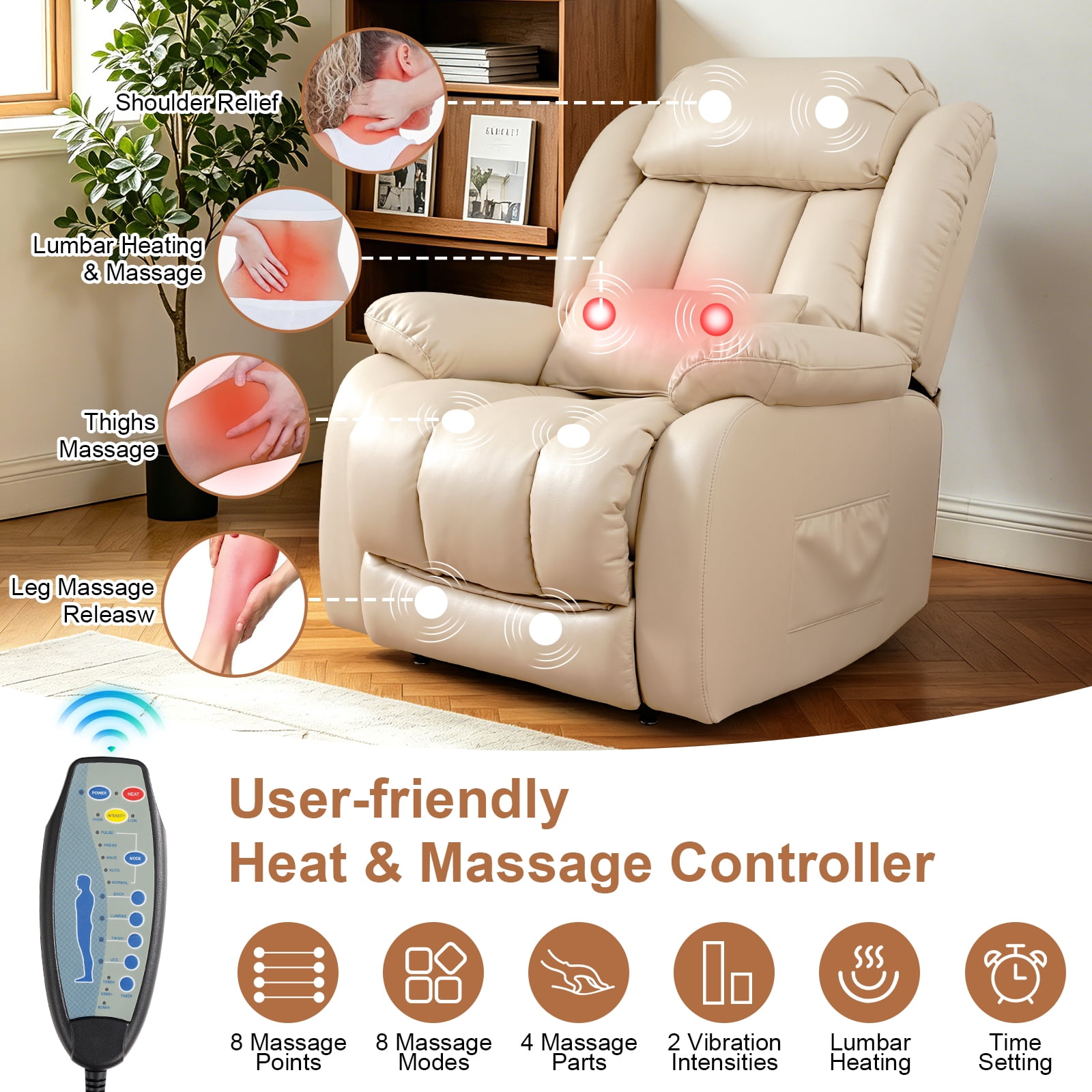 TEKAMON Infinite Position Lift Recliner Chair for Elderly with Heat Massage and Extended Footrest Lay Flat Sleeping Leather Dual Motor Power Lift Chair for Living Room (Beige)