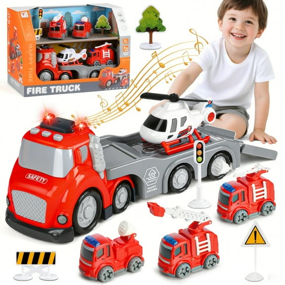 Beefunni Toddler Toys for Boys 3 4 5 6 Years Old, Fire Car Truck Carrier Vehicle Toy Set with Light & Sound, Christmas Birthday Gift Car Set for Kids Boys Girls