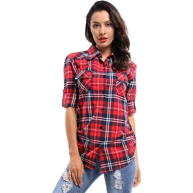 Women's Long Sleeve Button Down Plaid Flannel Shirt