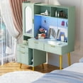 thumbnail image 2 of Homieasy 48'' Makeup Vanity with Hutch, White Bedroom Vanity with Charging Station and LED, Tall Vanity Table with Pegboard, Mirror, 5 Big Drawers & Shelves, Cabinet, Bedroom Dressing Table, Cyan, 2 of 11