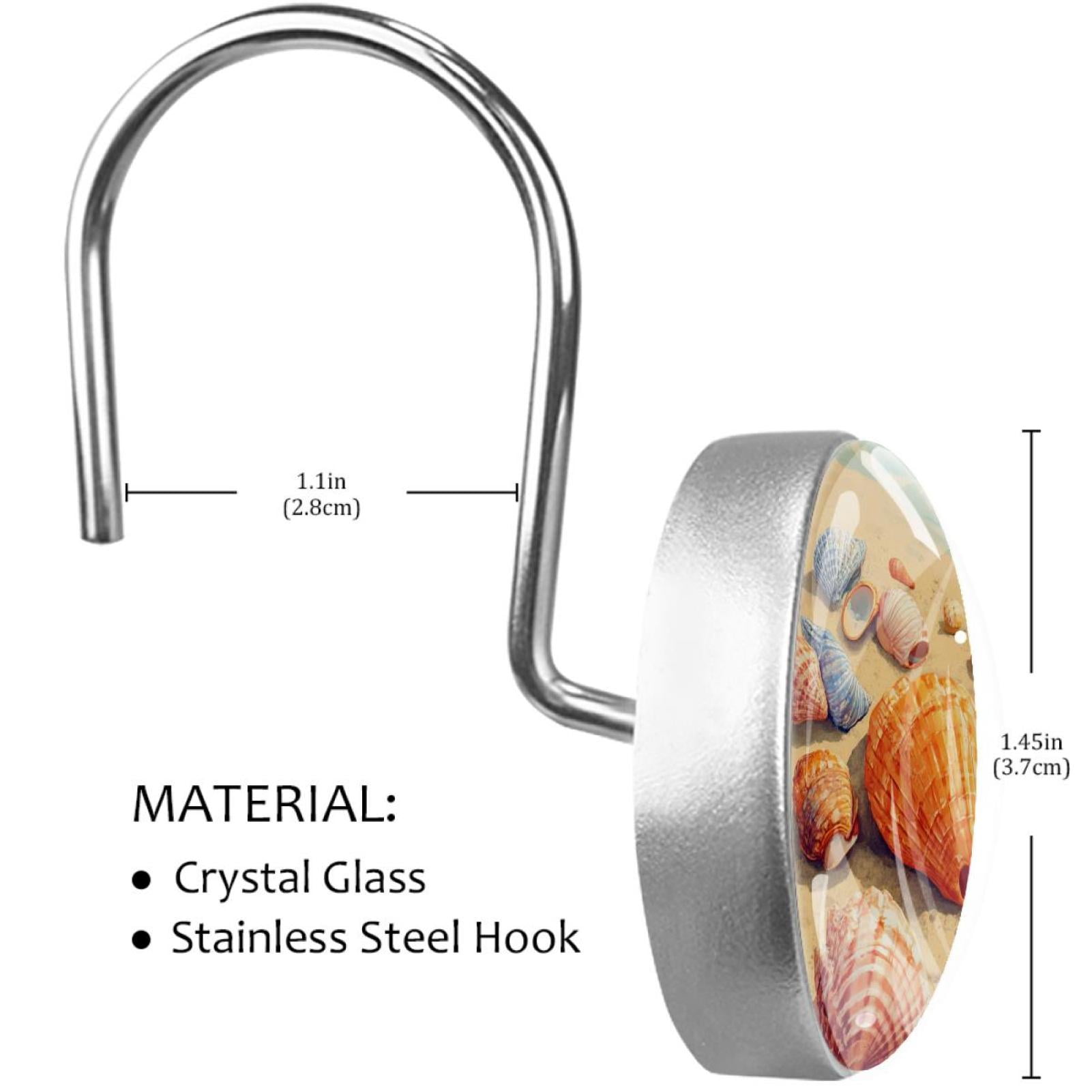 Beach Sand Shells Shower Curtain Hooks Round Crystal Glass, Set of 12 Shower Curtain Rings - Shower Hooks for Curtain Shower Rings