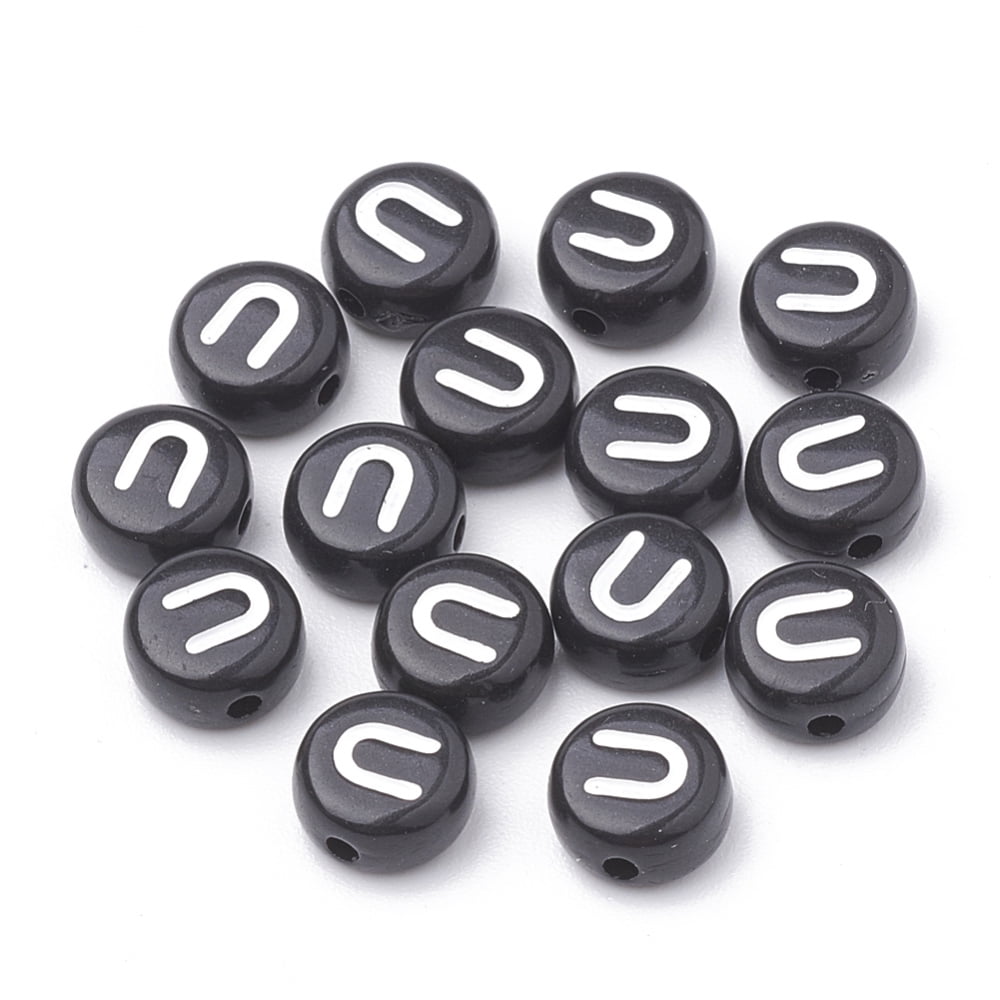 Opaque Acrylic Beads Horizontal Hole Alphabet style Flat Round Letter.U 7x4mm Hole: 1.5mm about 3700pcs/500g