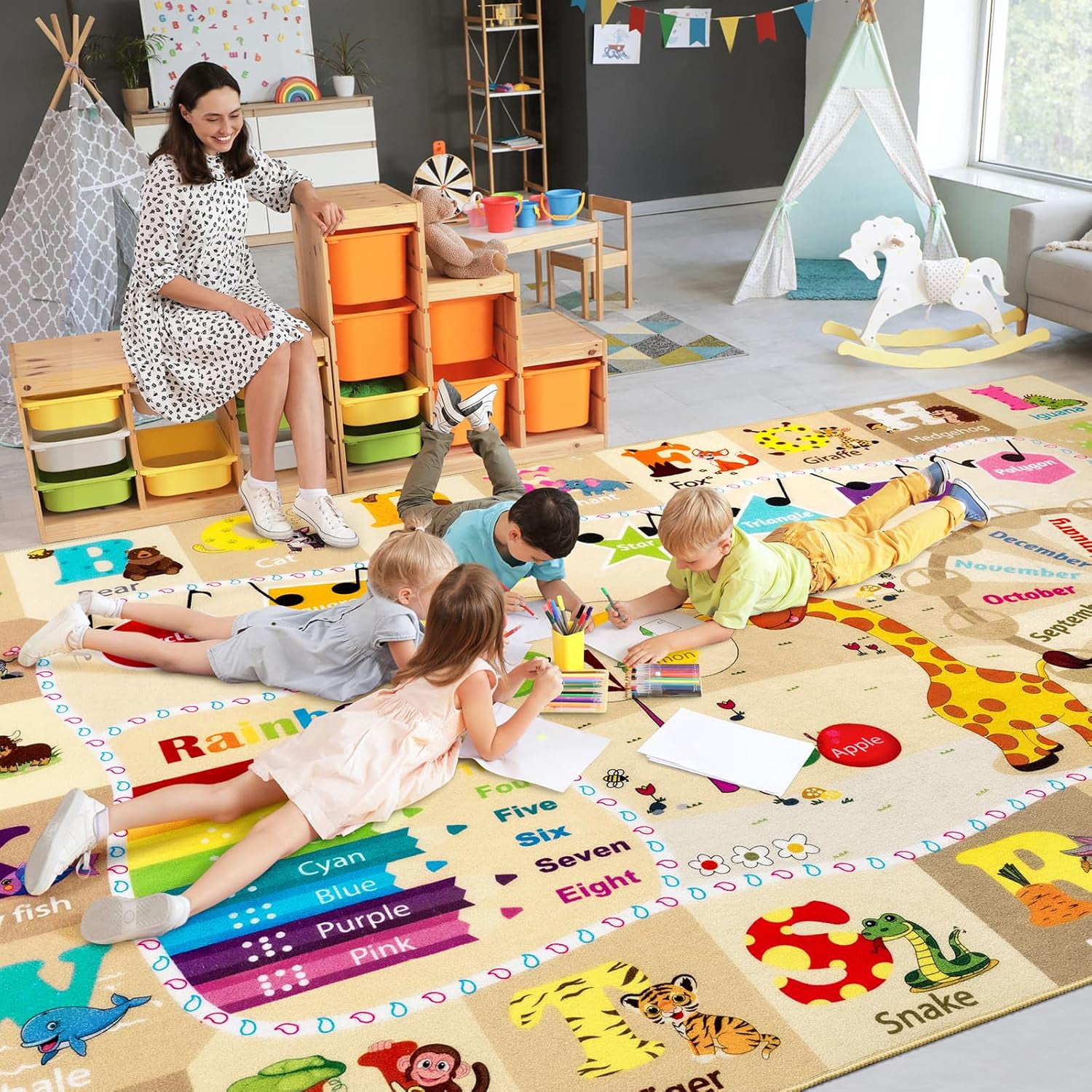 Noahas Playroom Rug Daycare Kids Rug 6x9,Educational and Fun Nursery Rug with ABC Alphabet Animals Classroom Rug Washable Kids Play Mat Baby Toddler Children Boys Rugs for Bedroom,Beige