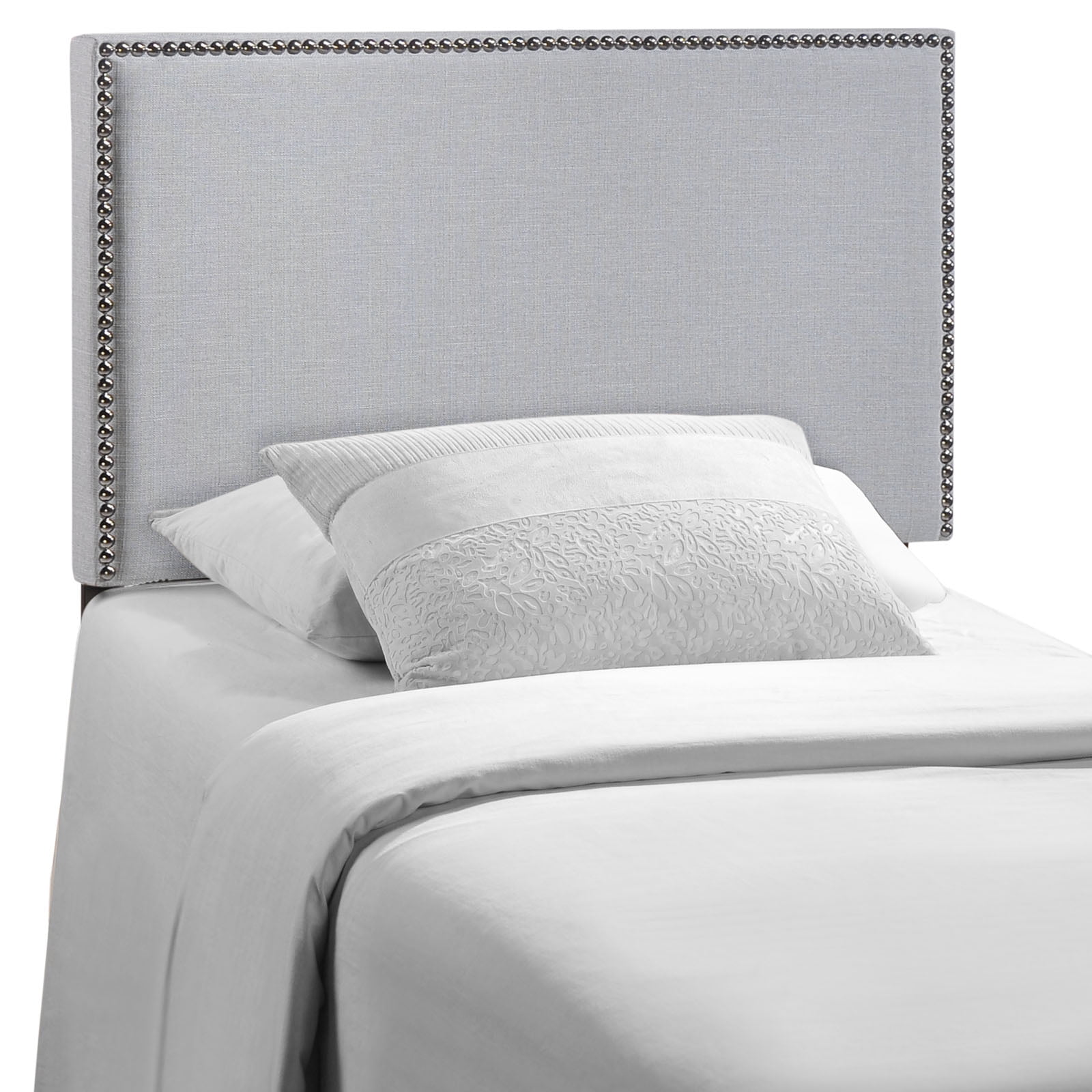 Modway Region Nailhead Twin Upholstered Linen Fabric Headboard in Sky Gray