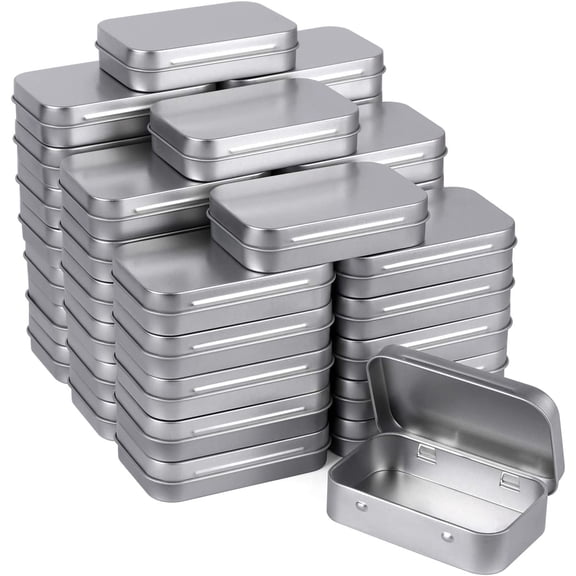 Metal Rectangular Empty Hinged Tins - Pack of 40 Silver Mini Portable Box Small Storage Kit & Home Organizer with lids craft containers 3-1/2''X2-1/2''X4/5''