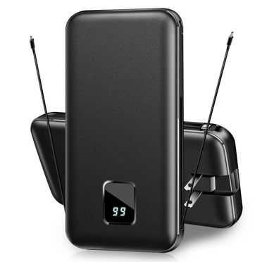 SOLPOWBEN 20000mAh Portable Charger Power Bank for iPhone, Cell Phone Portable Power Banks with Built-in Cables and AC Wall Plug, Dual USB Output Battery Pack for Android, Galaxy, Pixel (Black)
