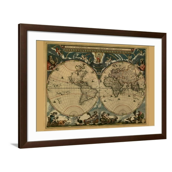Art.com New and Accurate Map of the World Art Print by Joan Blaeu, Brown Frame Wall Art, 44" x 32"