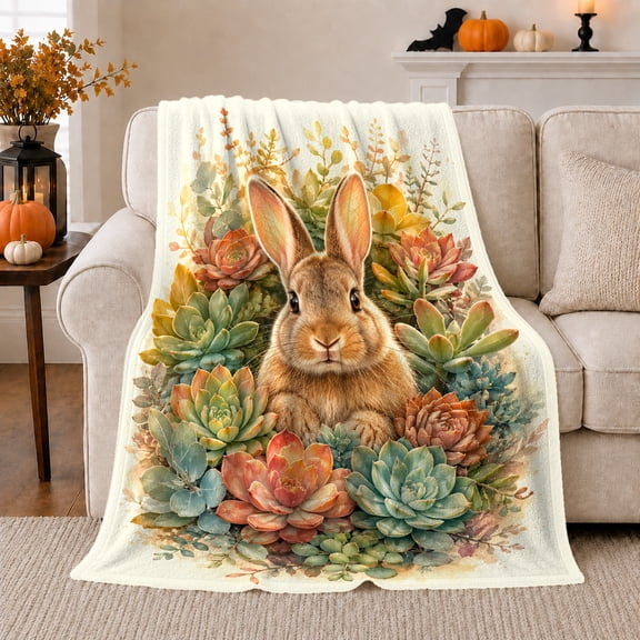 Rabbit Garden Succulent Plant Illustration, Cozy Woodland Scene, Warm Flannel Blanket for Sunroom and Reading Nook, Wildlife Lovers Housewarming Gift, Botanical Home Decor