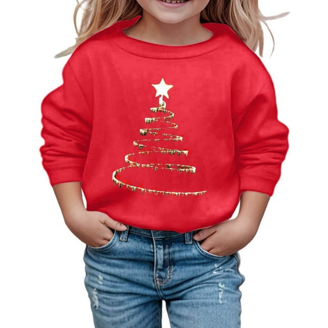 PMVFHDE Chandail de Noël pour Filles à Manches Longues, Col Rond, Chandail Douillet à Enfiler, Haut Doux et Décontracté, Imprimé Graphique Ludique pour les Fêtes, Vêtements pour Jeunes, Rouge, 9-10 Ans