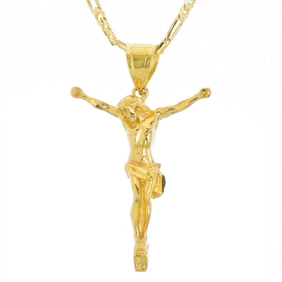 Men's 14K Gold Plated Hip Hop Open Arm Jesus 24 inch Figaro Chain Pendant Necklace KC 7260G