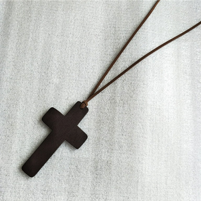 Wood Cross Necklace for Boys and Men Adjustable Leather Brown Sliding Knots