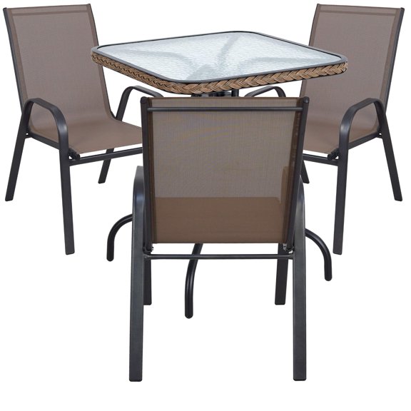 BTExpert Indoor Outdoor 28" Square Tempered Glass Metal Table Brown Rattan Trim 3 Brown Restaurant Flexible Sling Stack Chairs