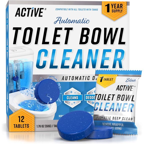 Automatic Toilet Bowl Cleaner Tablets Blue Gel Toilet Tank Cleaners, Septic-Safe Hard Water Ring Stain Remover, Smell Eliminator Heavy Duty Toilet Cleaning & Deodorizer, Fresh Scent - 12 Tabs