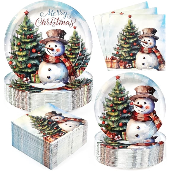 200 PCS Christmas Paper Plates and Napkins Snowman Party Supplies Disposable Dinnerware Set for Xmas