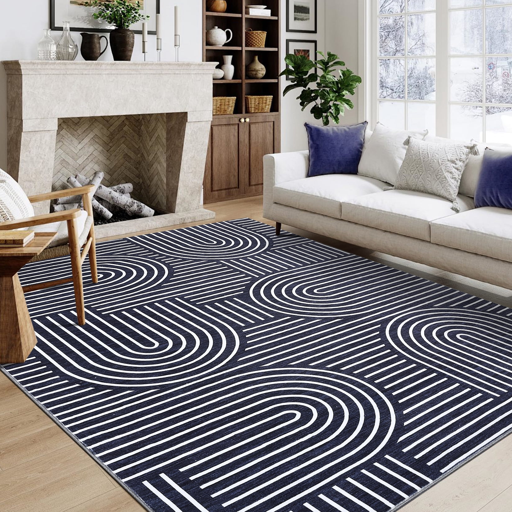 Hasoo 8' x 10' Non Slip Indoor Carpet Non Shed Area Rug for Living Room Navy Washable Modern Geometric Rug