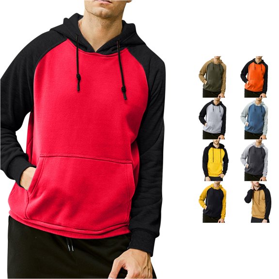Rhuody Men Fall Hoodies Round Neck Long Sleeve Sweatshirts Color Match Pullover Sweatshirt Xl Red