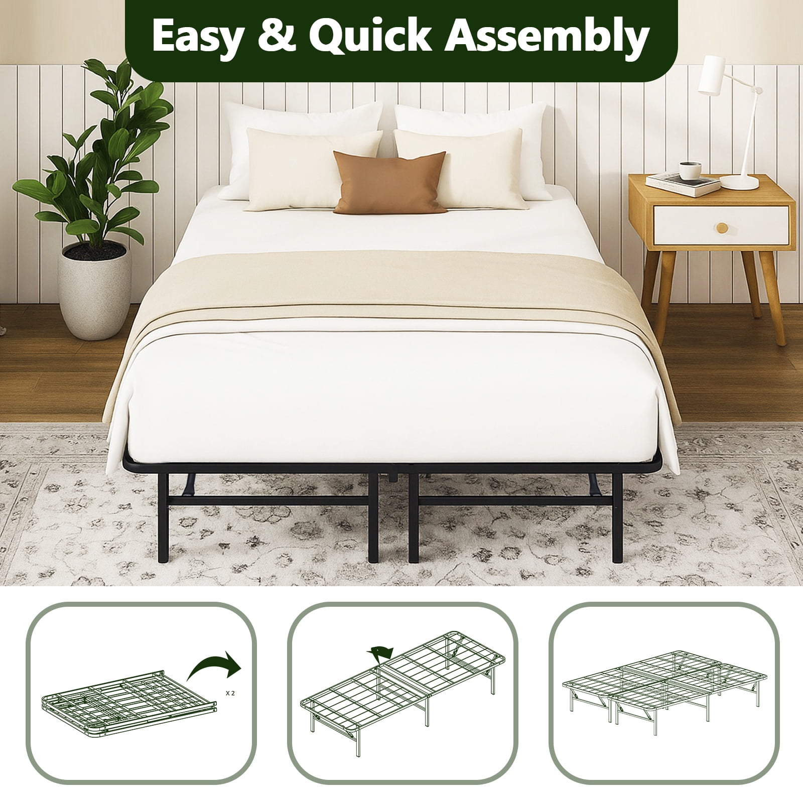 HaiCube Heavy Duty Foldable Metal Queen Size Bed Frame, No Assembly Steel Platform with Rounded Corners, 14 Inch High, Easy Storage, Black