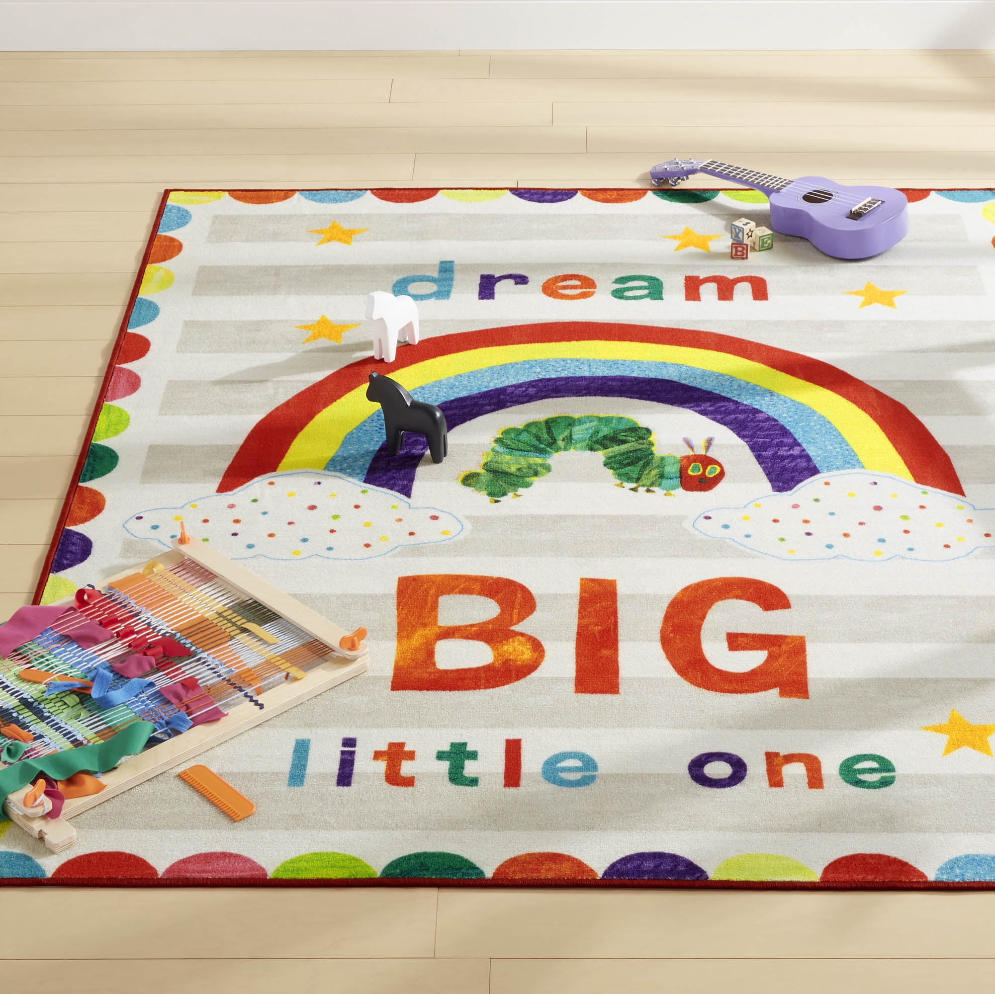 Eric Carle "The Very Hungry Caterpillar" Elementary Dream Big Little One Kids Machine Washable Area Rug, White/Grey, 6'6"x9'5"