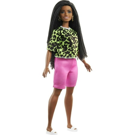 Barbie Fashionistas Doll #144 with Long Brunette Braids in Neon Animal-Print Top & Shorts