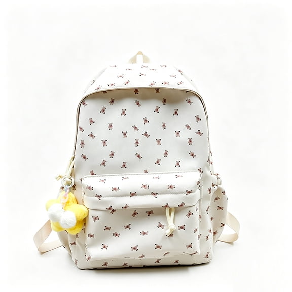 Cute Aesthetic Backpack, Bear Print School Backpack with Pendant, Lightweight Breathable Laptop Backpack for Shopping Work College (Beige)