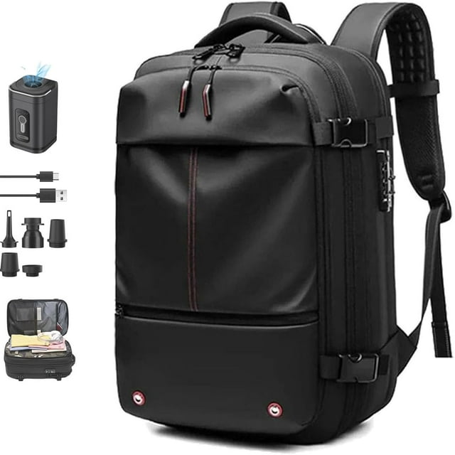Ekon Vacuum Backpack, 60l Expandable Travel Smart Backpack With Vacuum Compression, With Pump, Water Resistant (Black)