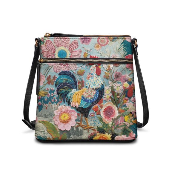 Tutolipy Lightweight Shoulder Bag for Daily Daily Commute, PU Leather Waterproof Crossbody Purse, Colorful Rooster in Flower Garden