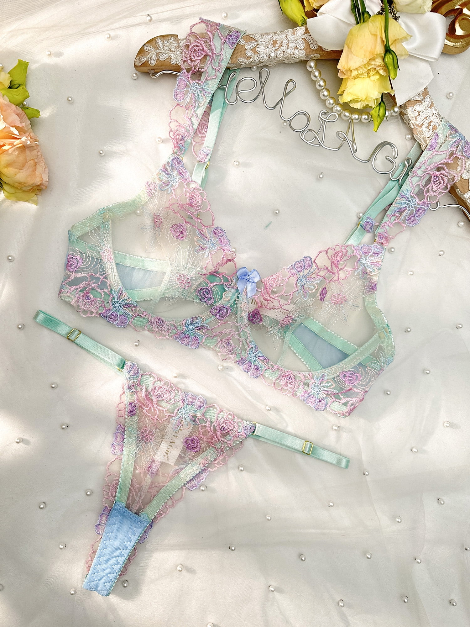 Blue Butterfly Bow Colorful Embroidered Flower Lingerie Set (BLUE, S)