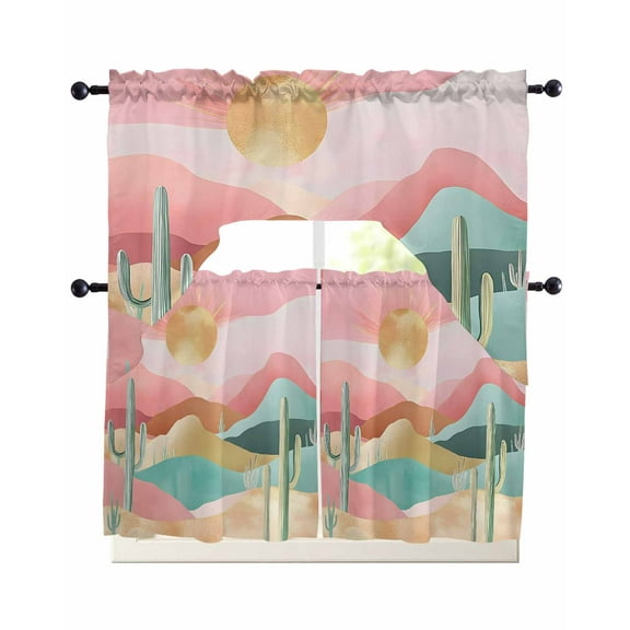Southwest Boho Kitchen Curtains Sets 36 Inch Length with Valance, Abstract Watercolor Cactus Mountain Swag Valances and Tiers Curtain Set Drapes Swag Curtains for Living Room, Bathroom, Bedroom, Cafe