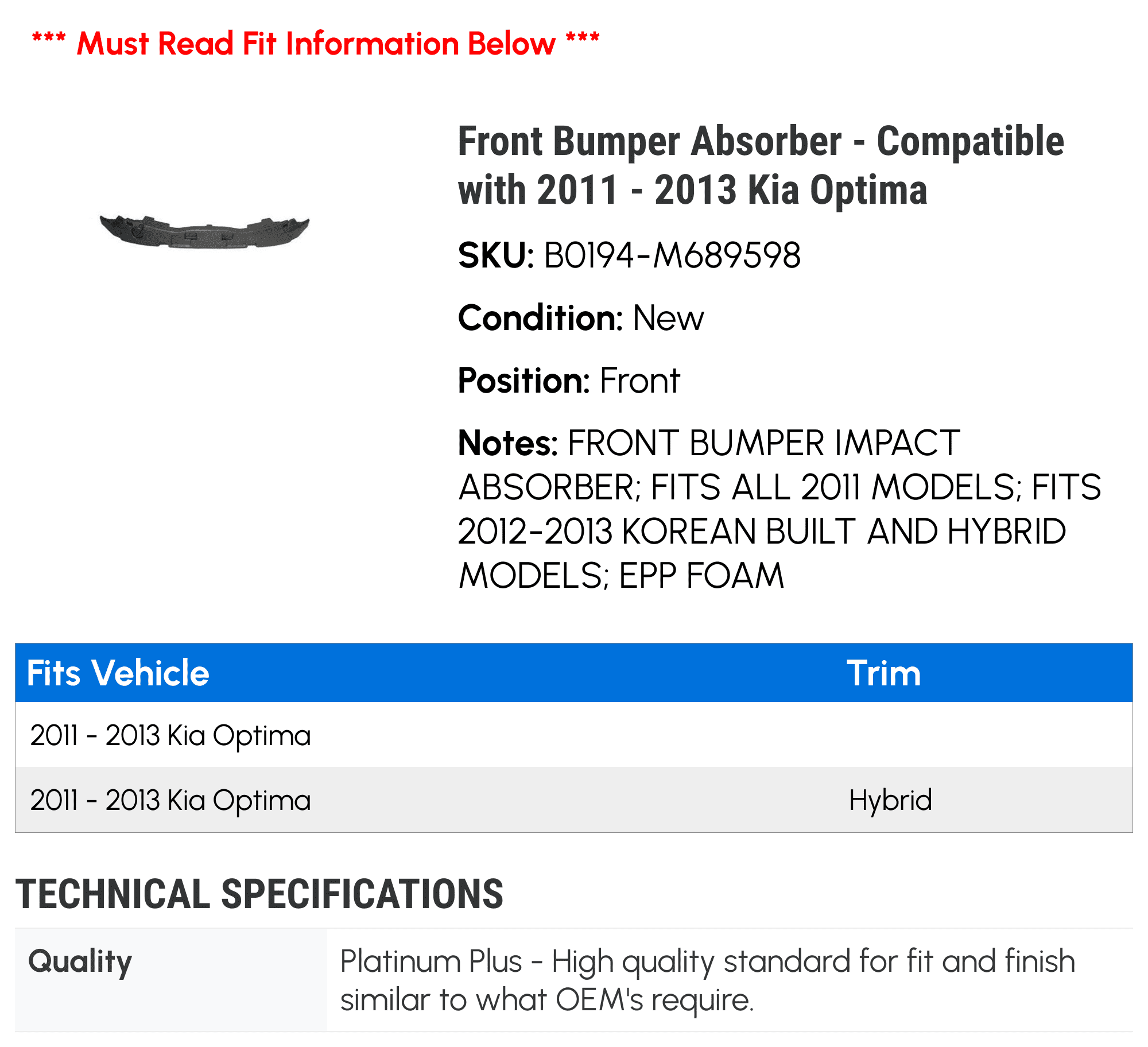 Front Bumper Absorber - Compatible with 2011 - 2013 Kia Optima 2012