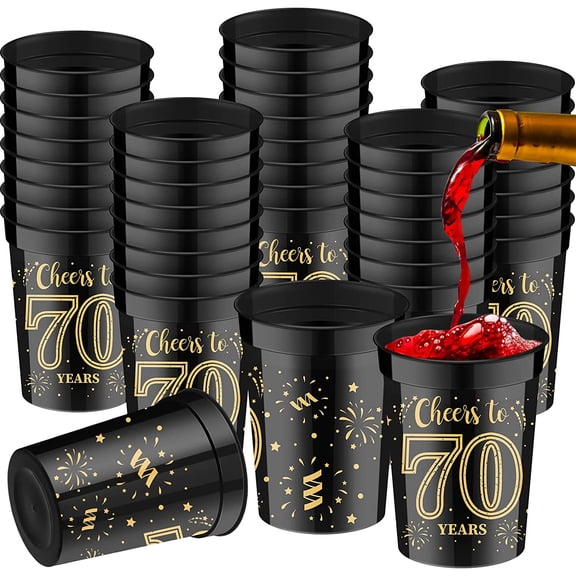40 Pack 70th Birthday Cups Cheers to 70 Years Birthday Party Cups Gold and Black Plastic Stadium Cups for Decorations Party Favors Men Women Wedding Anniversary Supplies(70th, 8 oz)