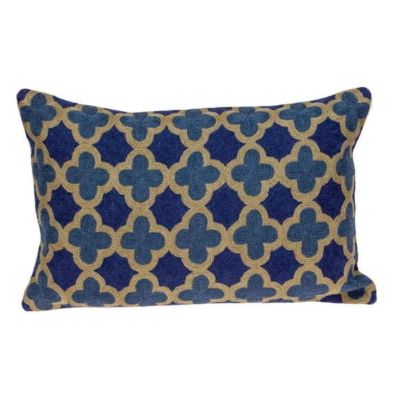 Parkland Collection Calix Blue Quatrefoil Embroidered Decorative Lumbar Throw Pillow, 12 x 20 Cotton Accent Pillow