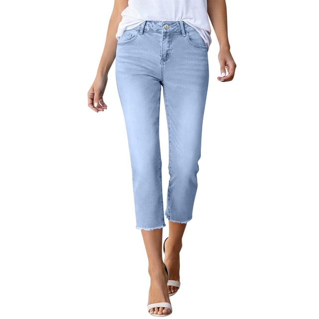 Vaqueros de Pierna Recta de Cintura Alta para Mujeres Pantalones de Denim Elásticos Sólidos con Bolsillos, Pantalones Casuales de Moda de Verano para Uso Diario