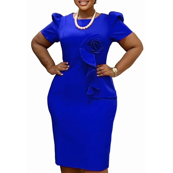 Womens Elegance Audrey Hepburn Style Ruched 3D Flower Short Sleeve Pencil Dress