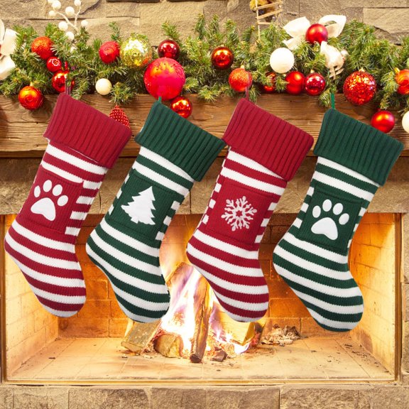 Knit Christmas Stockings Set of 4, Kintted Christmas Stockings, 18” Large Family, Farmhouse, Rustic, Christmas Decoration, Red Green and White Stripes personalized(Tree,Snowflake,Paw)