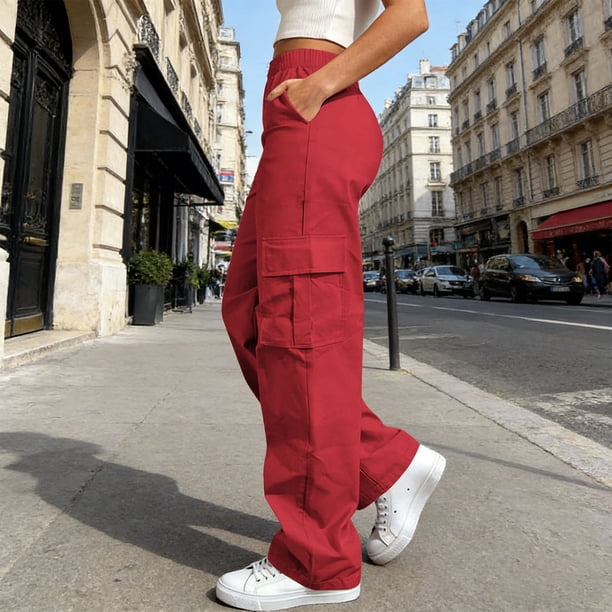 TaTaai Women Solid Color Loose Fit Cargo Pants Straight Leg Long Pants With Pockets Lightweight Breathable Soft Fabric Machine Washable No Fading Daily Outdoor Street Wear Gift