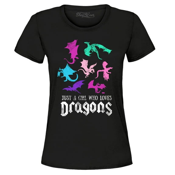 Shop4Ever Women's Just A Girl Who Loves Dragons Graphic T-Shirt Medium Black