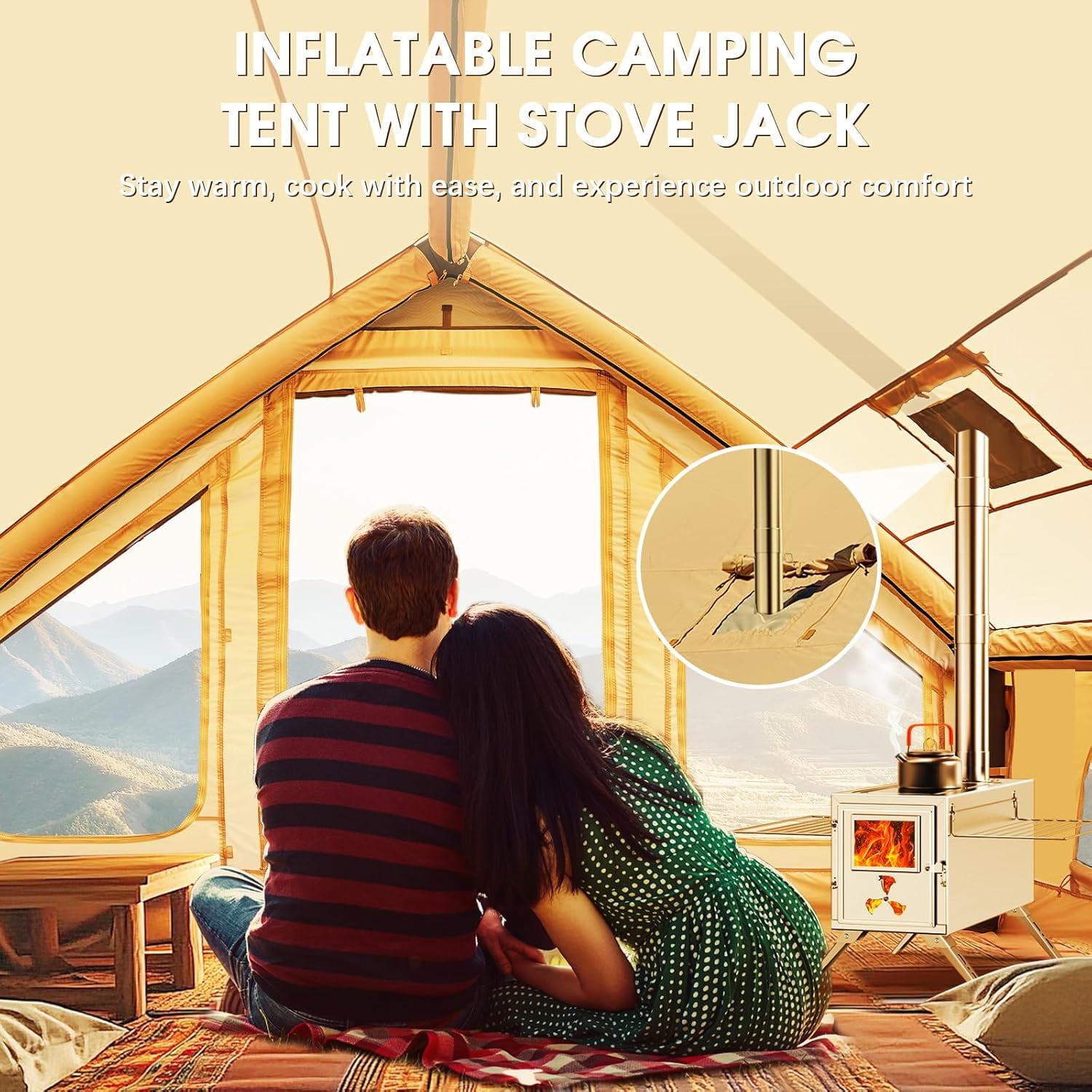 Slsy Inflatable Tents with Canopy for Camping, Blow Up Tent with Hand Pump, Easy Setup Inflatable Hot Tent with Stove Jack, Waterproof Oxford Air Glamping Tents for Camping Adult 4-6 Person